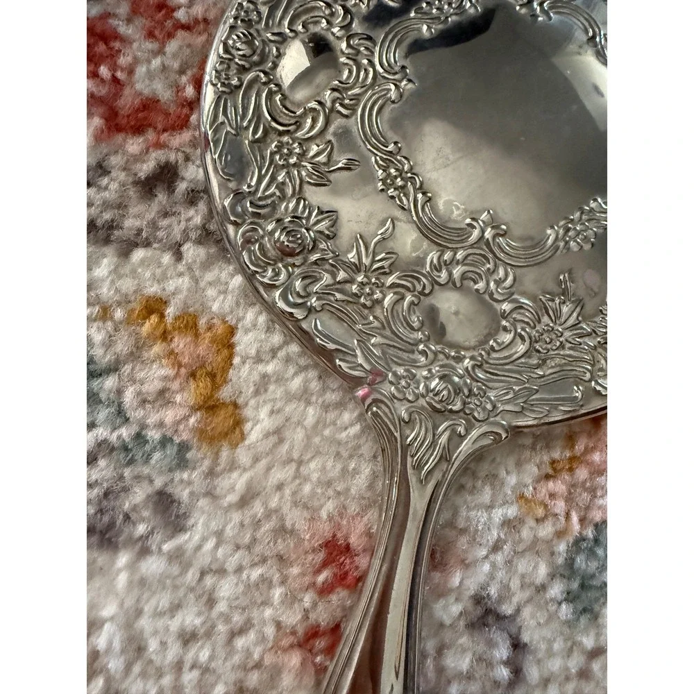 Vintage Silver Ornate Floral Repousse Hand Mirror Victorian Style Vanity Decor